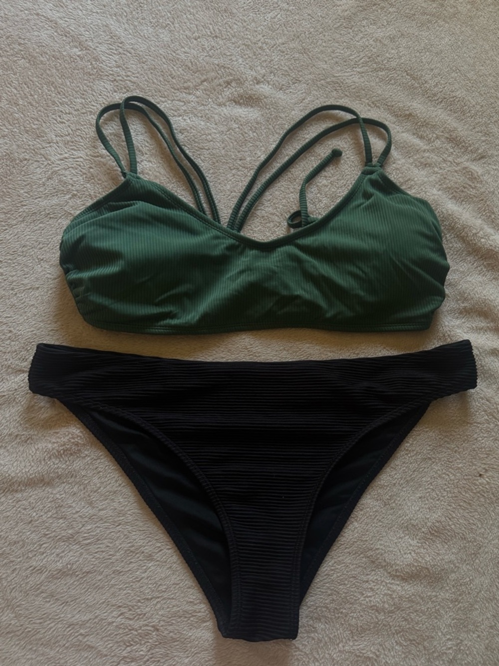 Dark Green & Black Ribbed Two-Piece Bikini Swimsuit